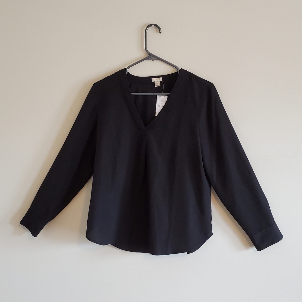Black J-CREW Top Women Petite Large Blouse NWT